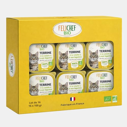 Félichef Bio Pâtée pour Chat, Lot de 16 Boîtes, Nourriture Humide sans Céréales, Saveur Volaille & Légumes, 100 g