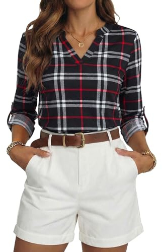 Dokotoo Womens Spring Summer Casual Ladies Basic Cotton Cuffed 3/4 Long Sleeve Plaid Print V Neck Tunic Blouses and Tops Shirts for Women 2026 for Work Fashion Black