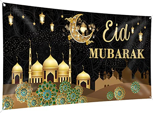 Eid Mubarak-dekorationer, 200 x 110 cm, stort tyg, muslimsk Ramadan Kareem-banderoll, Ramadan, Mubarak-skylt, fotobås, svart, guld, bakgrund för muslimska festtillbehör