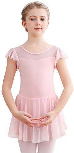 Aiseyi Ballet Leotard for Girls Short Ruffled Sleeve Ballet Dress Kids Cotton Ballet Outfit Gymnastic Dance Leotards with Mesh Skirt 2-11 Years Pink