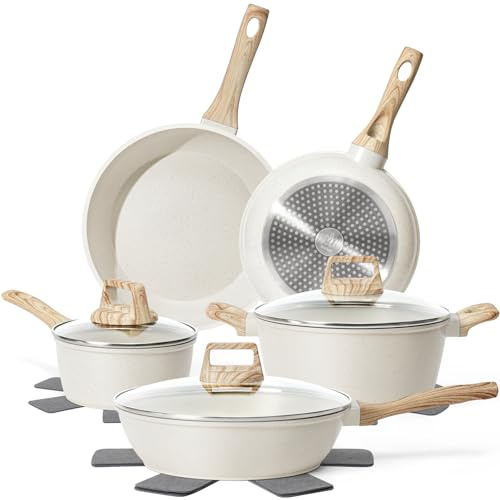 SODAY 12 Pcs Pots and Pans Set Non Stick, Cookware Sets White Granite Induction Cookware, Non-toxic Healthy Nonstick Kitchen Cooking Set with Frying Pan Set, Saucepans (PFAS/PFOA/PFOS Free)