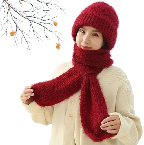 Kidmis Integrated Ear Protection Windproof Cap Scarf, Verdickte Integrierter Gehörschutz Winddichte Mütze Schal, Warme 2 in 1 Maskenschal Strickmütze, Winter Kapuzenschal für Frauen (Rotwein)