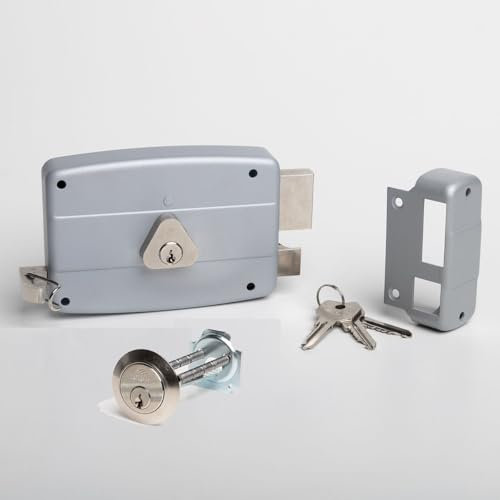 CISA - Cerradura para puertas de madera para aplicar 15042050195 - Cerradura de acero pintado gris con cilindro y tirador niquelados - Cerradura puerta exterior entrada 50 - Mano derecha aplicar