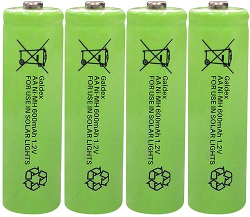 Galdex 4 Pack AA Rechargeable Solar Light Batteries 1.2V 600mAh Ni-MH Pre-Charged Double A Solar Battery for Indoor Outdoors use in Garden Lawn Lamps, String Lights (AA 600mAh, 4 Pack)