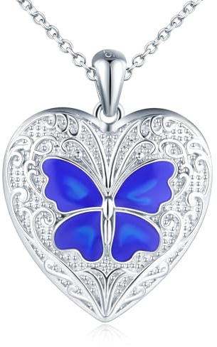 Cuore Portafoto Medaglione Collana Argento 925 Donna: Animale Farfalla Collana di Foto Carino-Ciondolo Portafoto Collane Amuleto Gioielli-Compleanno Anniversario Natale Regali per Lei Blu Marino