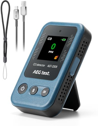 AEGTEST AGT-2309 Portable Carbon Monoxide Detector, 15-Day Standby, Rechargeable Mini CO Monitor with Lanyard for Travel & Camping, Handheld CO Meter with Audible & Visual Alerts, 0-1000ppm - Blue