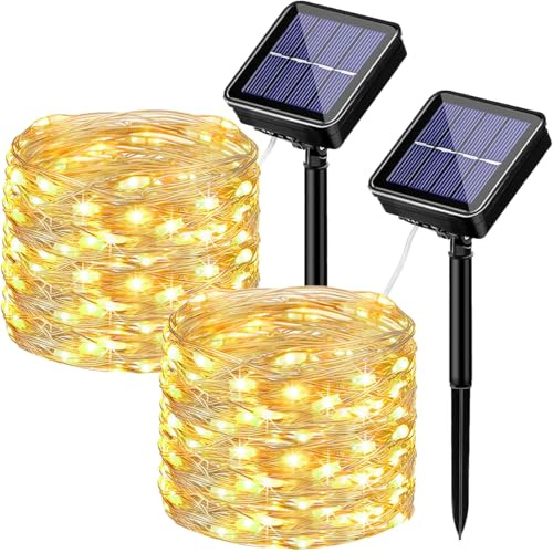 Solcellsljusslinga, utomhus, 2 x 12 m, 100 LED, solcellsljuskedja utomhus (varmvit), väderbeständig, 8 lägen IP65, vattentät koppartråd, ljuskedja, utomhus, sol, utomhus, för trädgård, terrass, träd