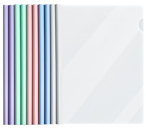 VEGCOO 10 Pièces Transparent Reliure Dossier Baguette, Feuilles A4 Couverture De Rapports Plastique, classeur avec barre coulissante pour École, Bureau, Accueil, Resume, Documents, Couleurs Pastel