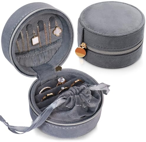 CONBOLA Travel Jewelry Case Small Jewelry Box for Women Girls,Round Velvet Mini Jewelry Travel Organizer,Portable Jewelry Box for Rings Earrings Necklaces Bracelets.(Grey,Small)