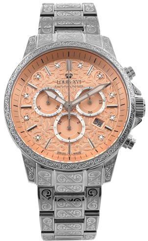 LOUIS XVI Palais Royale 2.0 1829 - Ø 43 mm - Montre pour homme - Étanche - Bracelet argenté - Cadran orange pêche avec diamants - Mouvement à quartz suisse