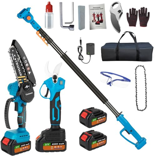 Timisea Set da giardino 4 in 1 con telescopio da 3 cm, batteria tagliasiepi, motosega da 6 pollici, autocarro e accessori, batteria da 21 V, asta telescopica da 2,6 m, 2 x 4000 mAh al litio
