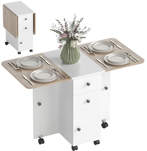 HOMCOM Tavolo da Pranzo Pieghevole, Tavolo Cucina a Ribalta con Ruote a Freno per 6 Persone, Scrivania Richiudibile con 2 Cassetti e Armadietto, per Soggiorno, 120x60x76.5 cm, Bianco e Rovere