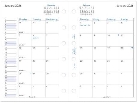 Filofax Calendar Diary Refill, Pocket Size, 4-3/4 x 3-1/4, Month-to-View, White Paper, English, 2026 (C68210-26)