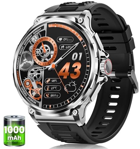 Reloj Inteligente Hombre con 1000mAh Batería, 1.92 AMOLED, 5ATM Impermeable Smartwatch Militar con Llamadas, 120 Modos Deportivos, 24/7 Pulsómetro/Sueño/Podómetro Pulsera Actividad Android iOS Plata