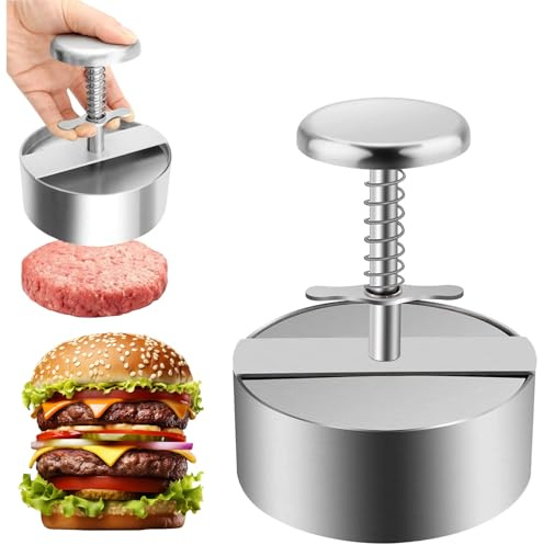 Hamburger Prees Patty Maker, 304 Stainless Steel Burger Press, Non-Stick Mold and Spring Button, Heavy Duty Adjustable Burger Press for Beef, Burgers, BBQ
