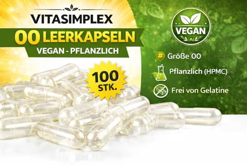 VITASIMPLEX Veganska tomkapslar storlek 00, HPMC, transparent, 100 stycken, gelatinfri, smakneutral, GMO-fri