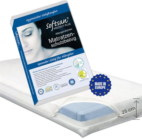 Softsan Protect Plus Matratzenbezug milbendicht 100x220x25 cm, Höhe 25 cm, Encasing, Milbenschutz für Hausstauballergiker milbenkotdicht