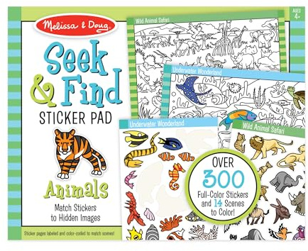 Melissa & Doug Seek & Find Sticker Pad – Animals, 400+ Stickers & 14 Scenes to Color, Search & Find Sticker Activity Pad for Coloring & Matching, Creative Learning Toys for Kids 4+ - FSC Certified
