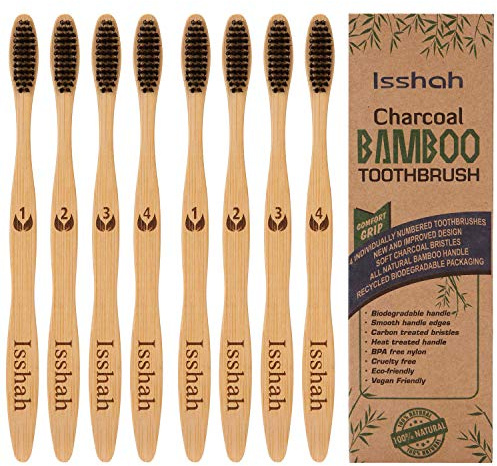 Isshah Biodegradable Eco-Friendly Natural Compostable Bamboo Toothbrushes, FSC Certified and PETA Approved - Pack of 8