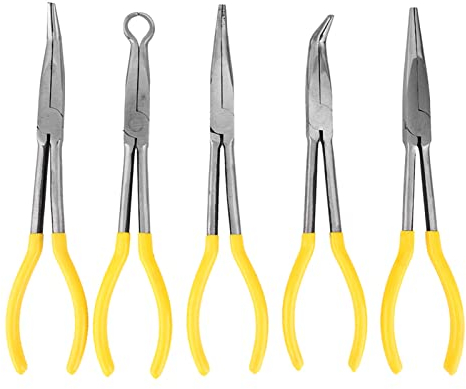 5 Stücke Lange Spitzzange Kits Kohlenstoffstahl O-Form Clamp Handwerkzeug mit Rutschfesten Griff Gebogene Nase Stecker Kabel Abzieher Mechanik Elektriker Werkzeug Set