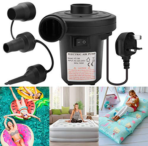Electric Air Pump - RAVSOOL 220-240V/150W Electric Pump for Inflatables Paddling Pool Pump with 3 Nozzle Adapters, Portable Quick Air Pump, Blow Up Bed Pump for Camping Sport, Kid Paddling Pool