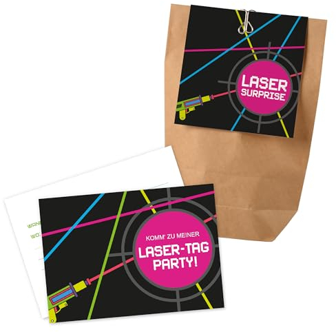 Ideenverlag HAMBURG 12x Lasertag Einladungskarten + Partytüten - Set/Lasertag Party Kindergeburtstag - Einladungen Karte Kinder Geburtstag