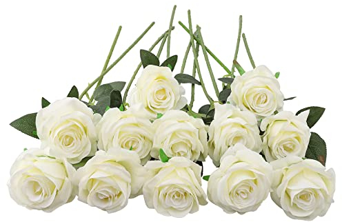 JOYHAZE Künstliche Rosen, 19,7 cm, einzelner langer Stiel, Seidenblumen, blühende Rosen für Hochzeit, Zuhause, Party, Büro, Tischdekoration, DIY-Blumenarrangements, cremefarben, 12 Stück