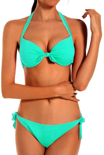 EONAR Bikiniset för kvinnor, badmode, nackstöd, push-up, bikinitopp, justerbar sidobindning, tvådelad dambaddräkt, tvådelad baddräkt, Ljusgrön, L