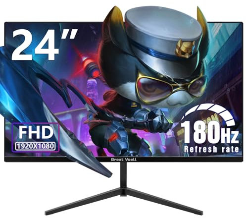 Great voell 24-Inch Curved Gaming Monitor, 180Hz Refresh Rate, 1ms Response Time, 130% sRGB, FHD 1080P, HDR, FreeSync, 300 cd/m² VA Panel, Frameless Design, Built-in Speakers, HDMI 1.4 & DP 1.2 Ports