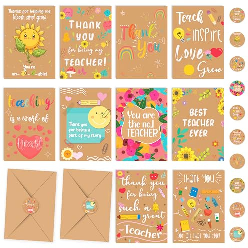Giftinghouse 10 Thank You Teacher Cards Multipack with Envelopes and Stickers - 10 Unique Designs for Men and Women – Blank Inside - Teachers Christmas Cards