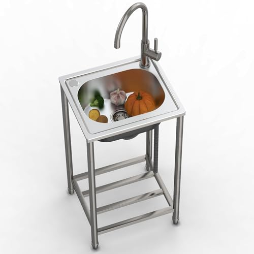 Freistehende Küchenspüle Camping Spülbecken Edelstahl Spültisch mit Wasserhahn und Ständer, Mobile Gartenspüle für Außen Innen Restaurant, Einfach Zu Montieren