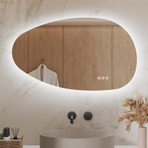 S'AFIELINA Miroir Salle de Bain avec éclairage 50x85 cm, 3 Teintes réglables, Anti-buée, Miroir LED Salle de Bain Design asymétrique, Interrupteur Tactile, IP44, Compatible Interrupteur Mural.
