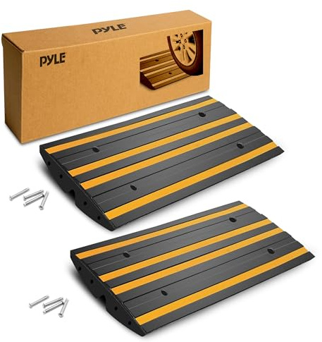 Pyle Rampe de Bordure en Caoutchouc 60 cm – Lot de 2 Rampes de Seuil Antidérapantes avec Bandes Réfléchissantes Jaunes, Vis d’Expansion Incluses, Rampe d’Accès Trottoir,Garage,Voiture,Fauteuil Roulant