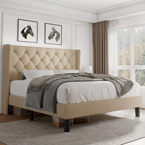 iPormis Queen Platform Bed Frame with Button Tufted Headboard, Upholstered Bed Frame with Solid Wooden Slats, 8 Under-Bed Space, No Box Spring Needed, Easy Assembly, Noise Free, Beige