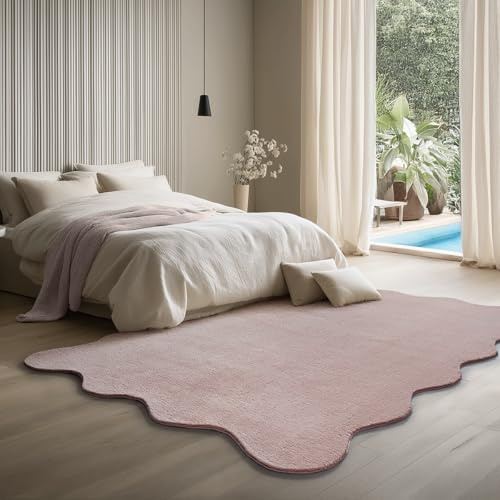 the carpet Lina Shape Scallop Rug, Faux Fur, Fluffy Rug, Non-Slip Backing, Washable, Super Soft, Pink, 140 x 200 cm