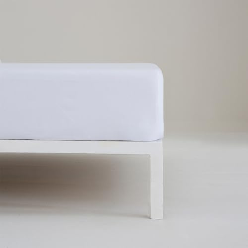 COTTON ARTean Sábana Bajera Ajustable Cama 150x190 Noa Blanco 100% ALGODÓN PERCAL 200 Hilos. 4 Puntos de Ajuste