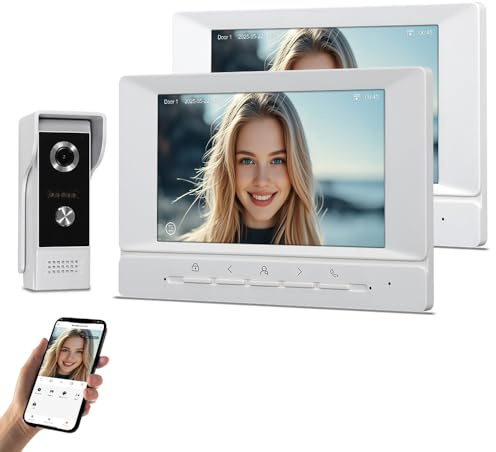 QttyElok Kit Videoportero WiFi Tuya 1080P HD Timbre con Cámara, Sistema de Intercomunicación con 2 Monitores 7 zoll Pantallas de Color, Visión Nocturna IR, Audio Bidireccional, Grabación