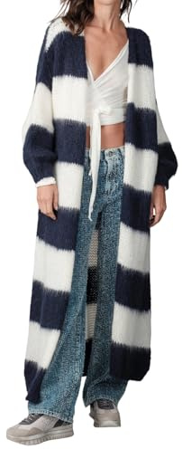 Famnbro Womens Long Cardigan Sweaters Striped Color Block Comfy Coat