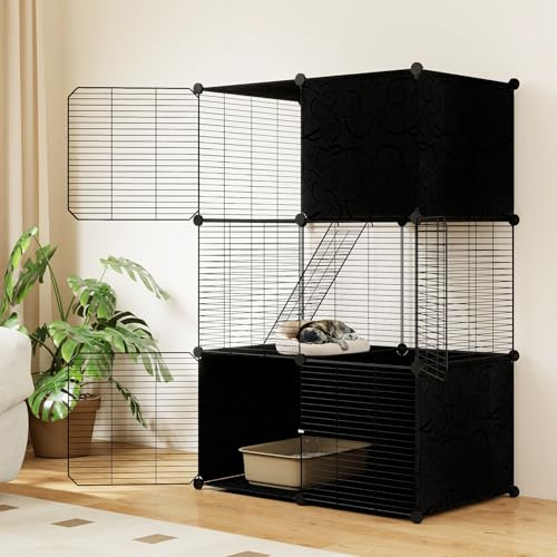 COSTWAY Katzenkäfig 3-stöckig, Katzengehege mit Abnehmbarer Catio-Spielplatz & 2 Rampen, DIY, Metalldrahtkäfig für Katzen Kleintiere, Katzenhütte Balkon Innen, 74 x 47 x 110 cm, Schwarz