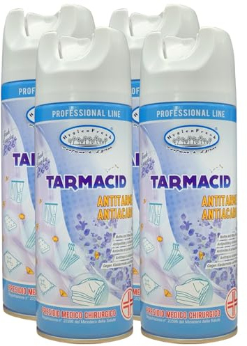 Profumo Deodorante Spray TARMACID Antitarme - Antiacaro. Per Tessuti, Ambienti, Guardaroba, Cassetti Etc. Non Bagna, Non Lascia Aloni 400ml (4 Spray)