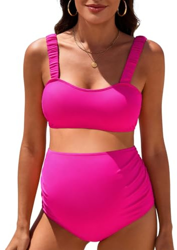 Maternity Bikini Swimsuit for Women - Two Piece High Waisted Bathing Suit Wide Ruched Straps Pregnancy Swimwear Hot Pink Medium