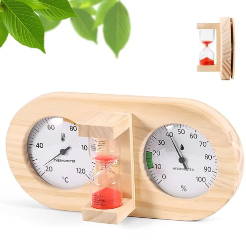 Termometro da sauna 2 in 1, igrometro in legno, timer da 15 minuti, doppio quadrante, termometro da sauna particolarmente preciso con vetro temperato, clessidra, calibrazione automatica per bagni di