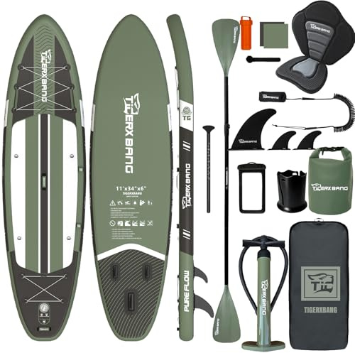 TIGERXBANG Inflatable Stand Up Paddle Board, SUP Board with Seat 11'x34 x6 Wide Paddleboard for Adults & Youth - All Skill Levels, Olive Green
