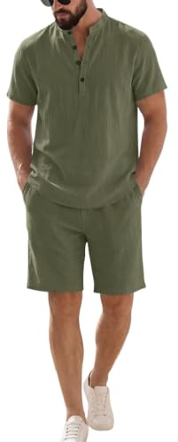 Oanviso Hombre Chándal 2 Piezas de Algodón y Lino Camisa Henry Manga Corta Verano Camiseta + Pantalones Cortos de Playa Deportivos Completo Traje Conjuntos