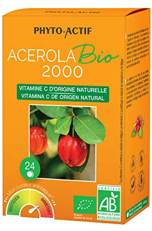 PHYTO-ACTIF | Acérola Bio 2000 | Complément alimentaire vitalité Bio | Réduit la fatigue | Immunité | Vitamine C | 2000 mg d'Acérola | 24 comprimés