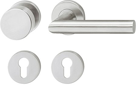 Wechselgarnitur PDH3103 Türbeschlag Edelstahl L-Form LINKS auf Rund-Rosette | 1 x Türklinke PZ - Zylinder | Knopf - Drücker-Garnitur | Klasse 3 nach EN 1906 | Knauf-Garnitur mit Befestigungsmaterial