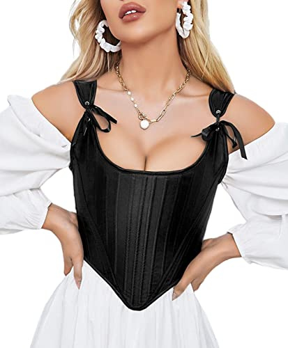 Dreay Womens Vintage Asymmetrical Hem Overbust Corset Tie Front Lace-up Back Bustier Top 956-Black-S