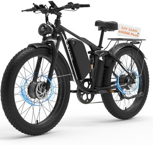 (24EB7PRO, White) E-Bike for Adults, 4000W Peak 6000W Dual Motor Electric Bike, 52V 32AH, 90Mile & 45MPH Fat Tire All Terrain Electric Bicycles, 7 Speed AWD Full Suspension Electric Mountain Bike