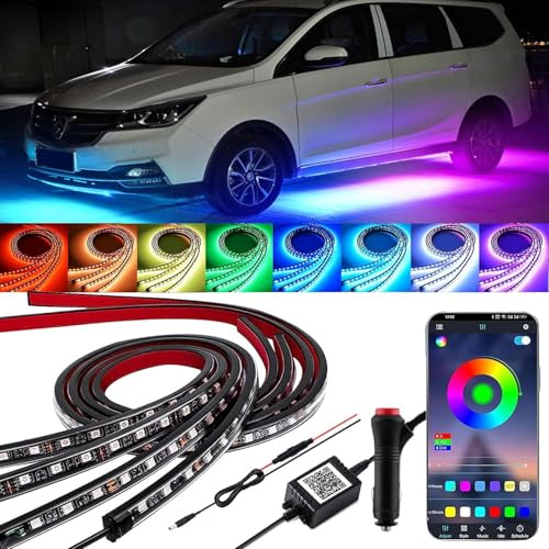 YUGUANG Juego de Luces para Coche, 4 Unidades, para Coche, Control de aplicación, Juego de Luces Multicolor sincronizadas con la música, Bandas Luminosas RGB Impermeables para Coches, Camiones