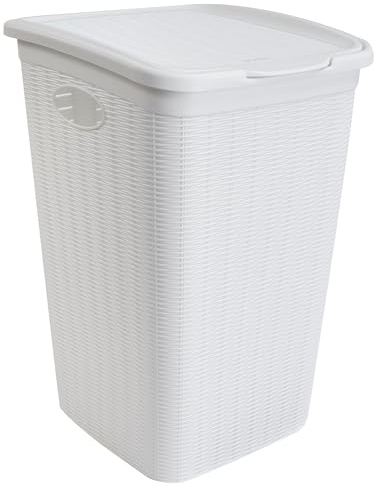 Wäschekorb 50 Liter groß Weiß - Rattanoptik mit Deckel - Wäschesammler mit Löcher 38x36x54cm Wäschebox Wäschesortierer Haushaltskorb Korb Haushalt Kunststoff Wäschetruhe Wäschetonne Wäschesack